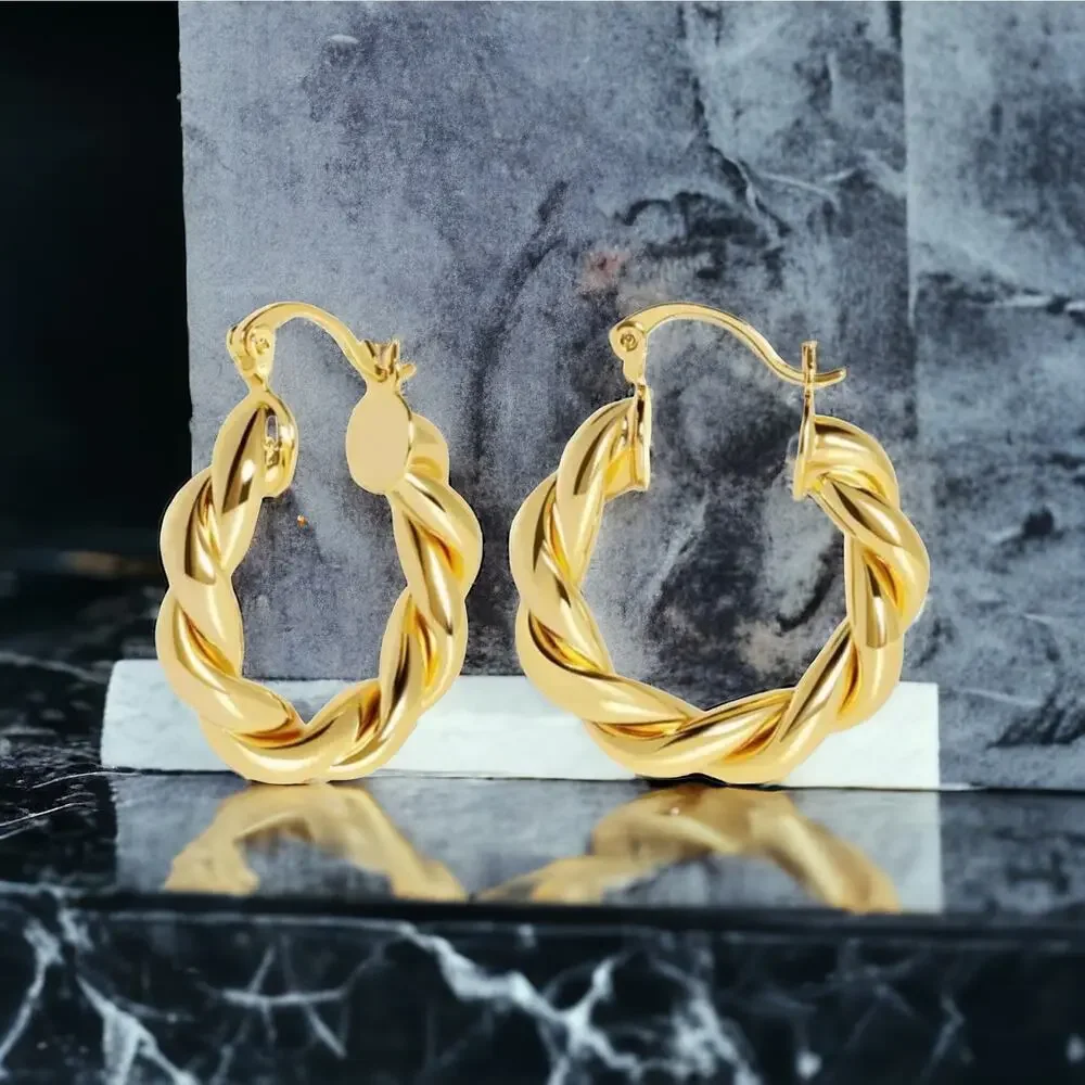 NEW 14K yellow gold plated twisted hoop earrings jewelry gift B19